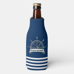 Nautical Boat Wheel, Navy Blue Stripes Bottle Cooler