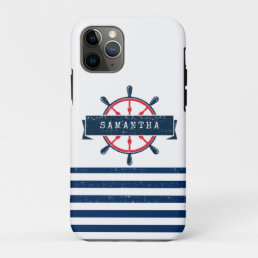Nautical Boat Wheel, Navy Blue Stripes iPhone 11 Pro Case