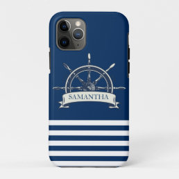 Nautical Boat Wheel, Navy Blue Stripes iPhone 11 Pro Case