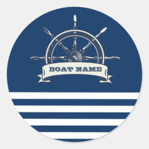 Nautical Boat Wheel, Navy Blue Stripes Classic Round Sticker