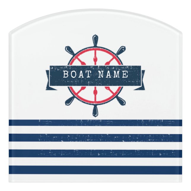 Nautical Boat Wheel, Navy Blue Stripes Door Sign (Contour Front)