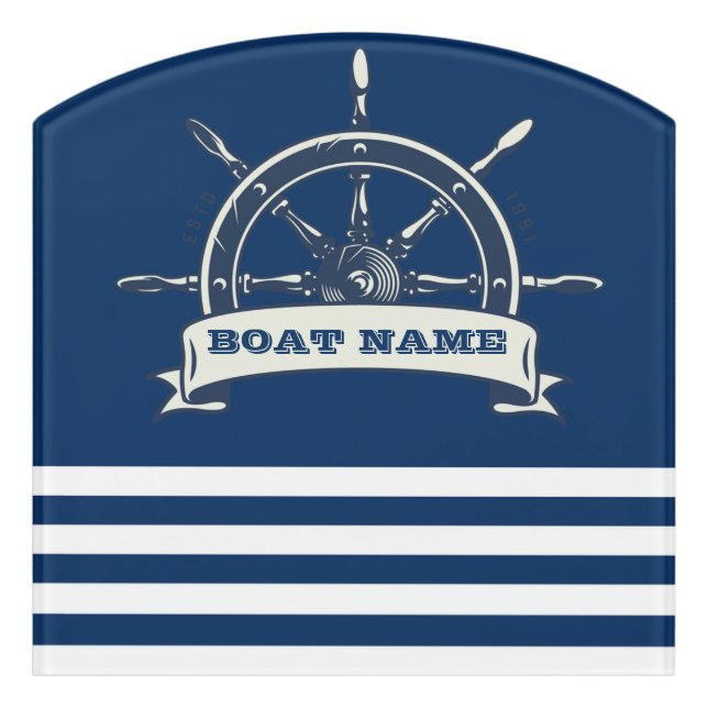 Nautical Boat Wheel, Navy Blue Stripes Door Sign (Contour Front)