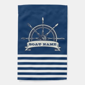 Nautical Boat Wheel, Navy Blue Stripes Garden Flag | Zazzle