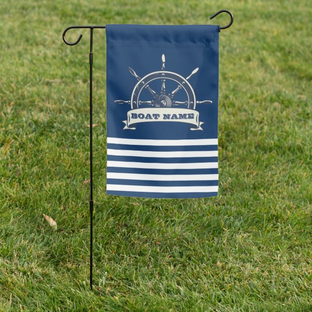 Nautical Boat Wheel, Navy Blue Stripes Garden Flag (In SItu)