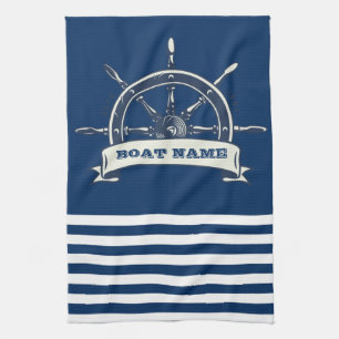 Nautical Boat Wheel, Navy Blue Stripes Kitchen Towel