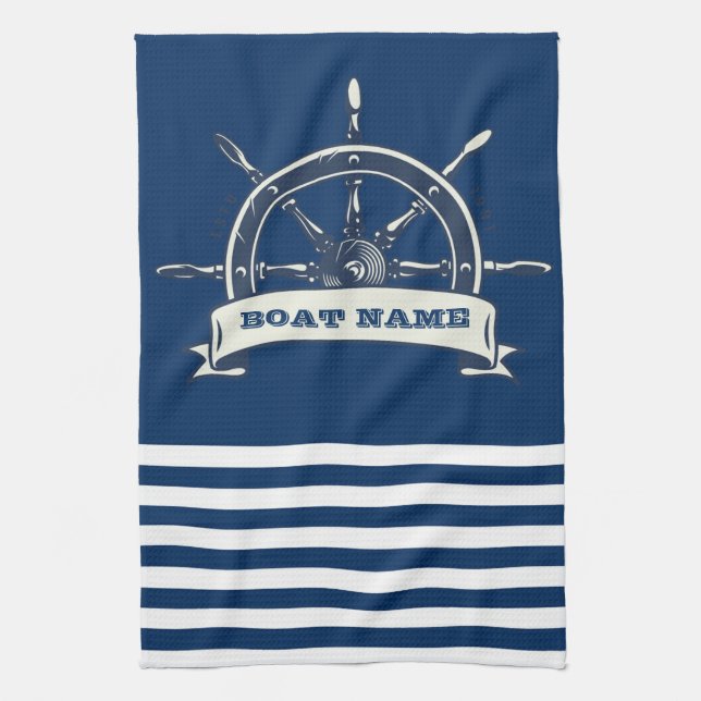 Nautical Boat Wheel, Navy Blue Stripes Kitchen Towel (Vertical)