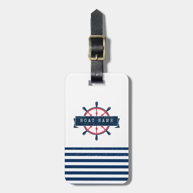 Nautical Boat Wheel, Navy Blue Stripes Luggage Tag (Front Vertical)