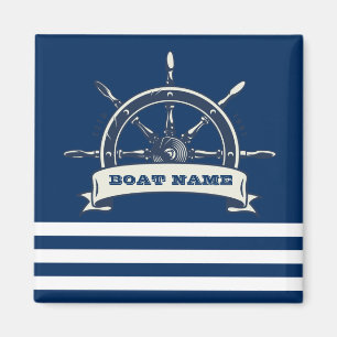 Nautical Boat Wheel, Navy Blue Stripes Magnet