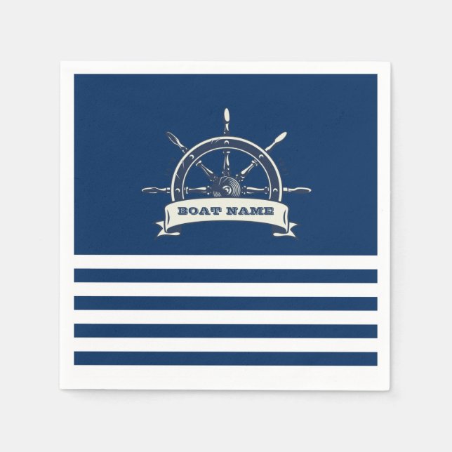Nautical Boat Wheel, Navy Blue Stripes Napkins (Front)