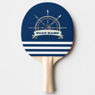 Nautical Boat Wheel, Navy Blue Stripes Ping Pong Paddle