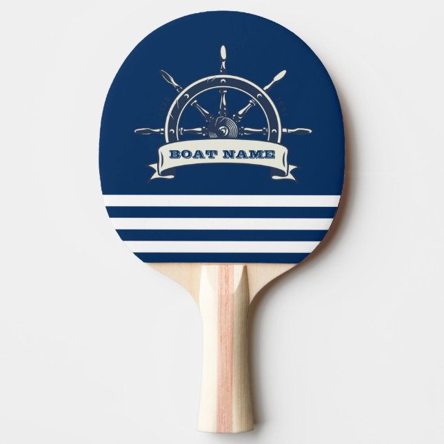 Nautical Boat Wheel, Navy Blue Stripes Ping Pong Paddle (Front)