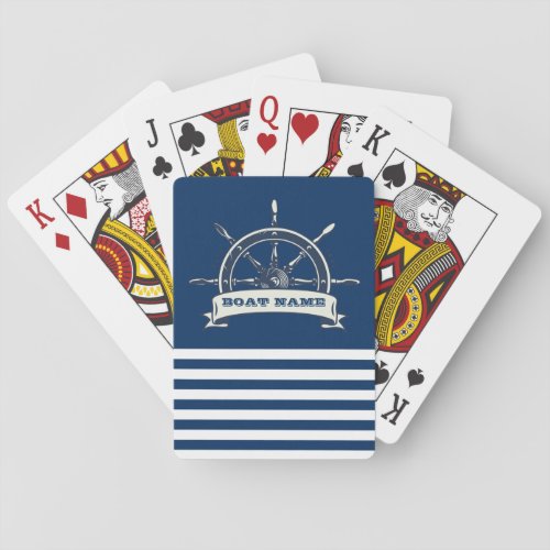 Nautical Boat Wheel Navy Blue Stripes Playing Cards