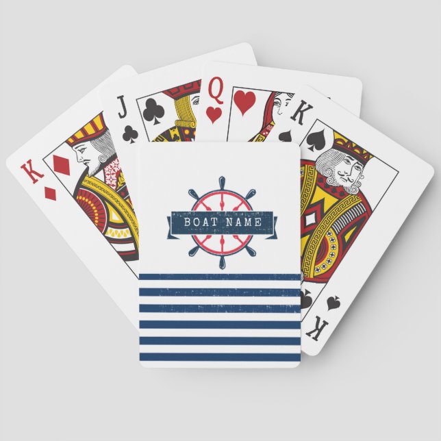 Nautical Boat Wheel, Navy Blue Stripes Poker Cards (Back)