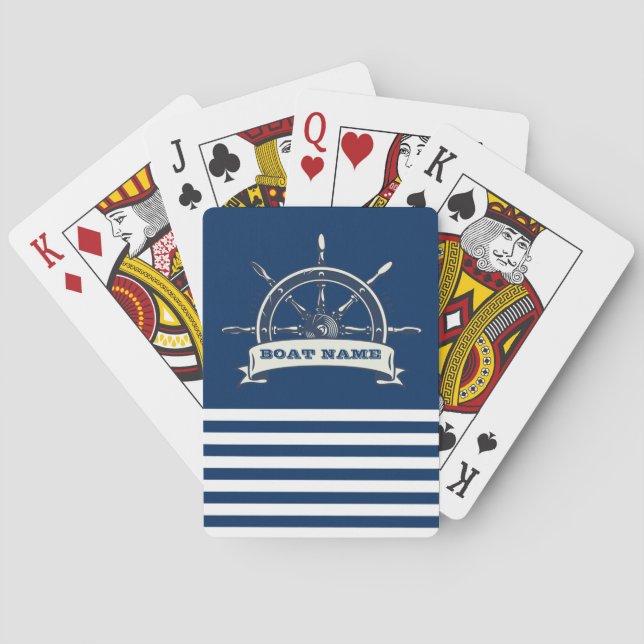 Nautical Boat Wheel, Navy Blue Stripes Poker Cards (Back)