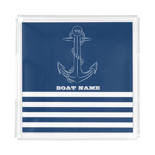 Nautical Boat Wheel Navy Blue Stripes Sailor Acrylic Tray