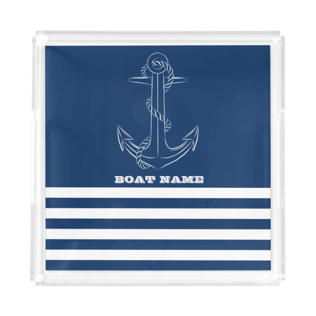 Nautical Boat Wheel, Navy Blue Stripes Sailor Acrylic Tray (Front)