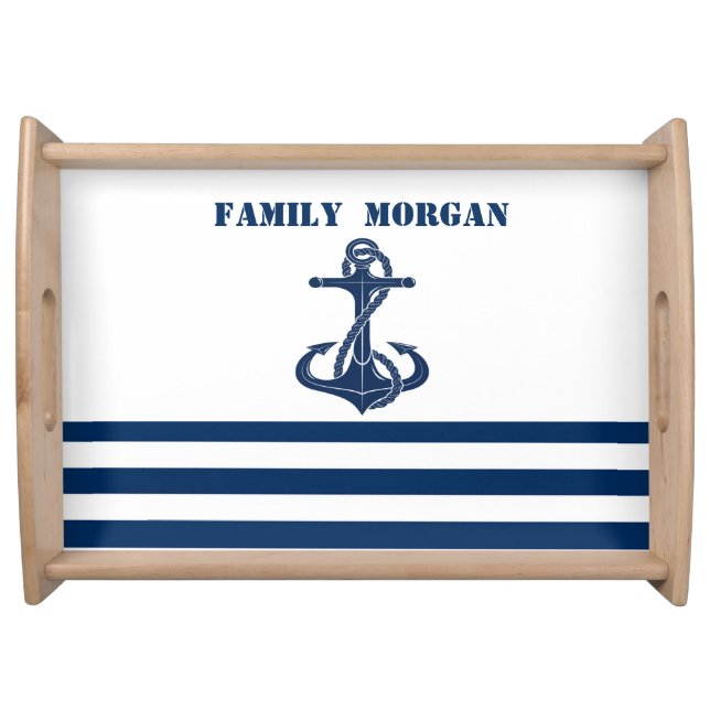 Nautical Boat Wheel, Navy Blue Stripes Serving Tray (Front)