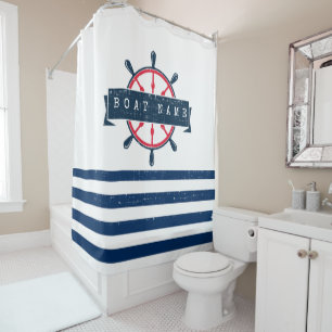 Nautical Boat Wheel, Navy Blue Stripes Shower Curtain