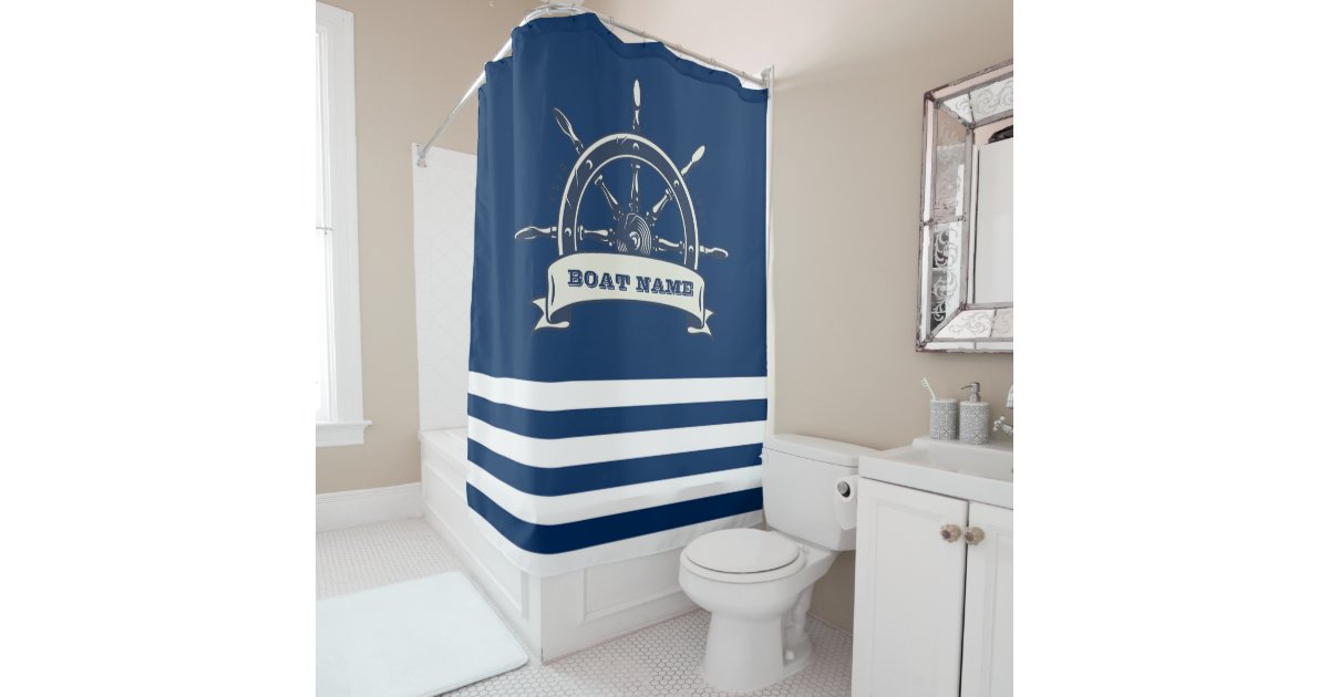 Nautical Boat Wheel, Navy Blue Stripes Shower Curtain | Zazzle