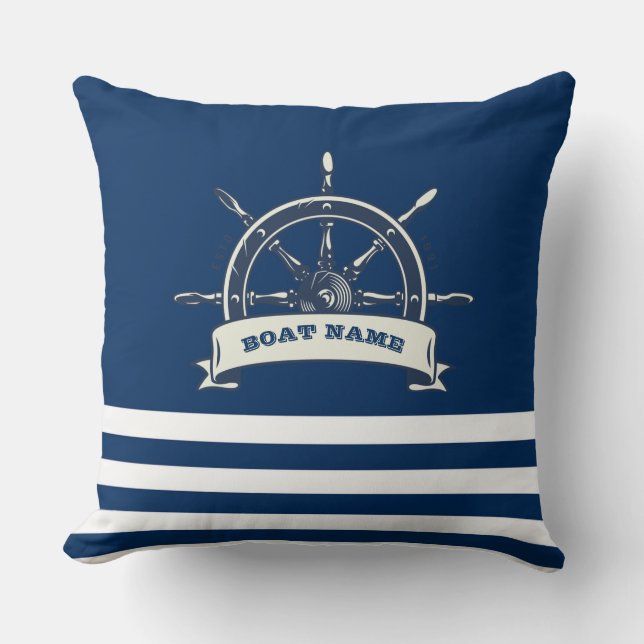 Nautical, Boat Wheel, Navy Blue Stripes Throw Pillow (Front)