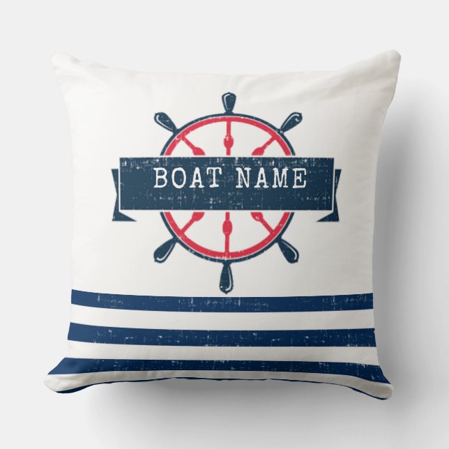 Nautical Boat Wheel, Navy Blue Stripes Throw Pillow (Front)