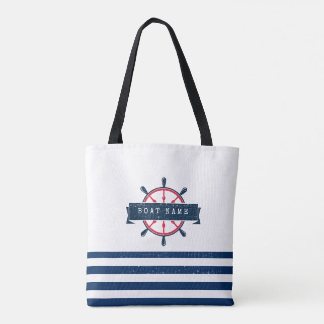 Nautical Boat Wheel, Navy Blue Stripes Tote Bag (Back)