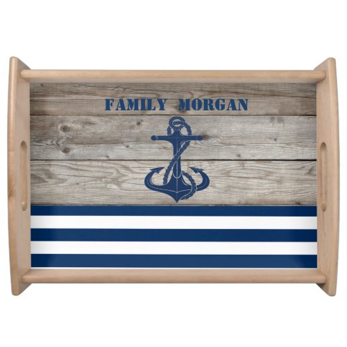 Nautical Boat Wheel Navy Blue Stripes Wood Serving Tray