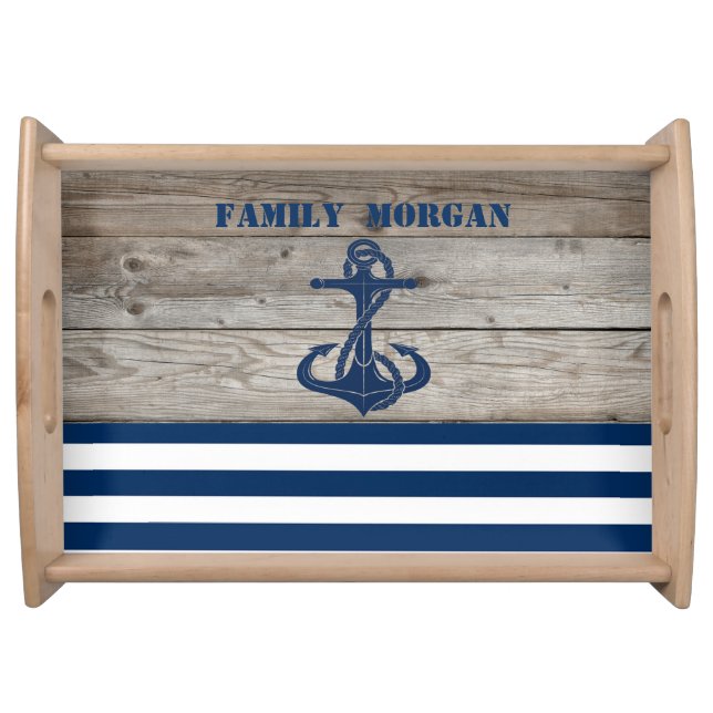 Nautical Boat Wheel, Navy Blue Stripes Wood Serving Tray (Front)