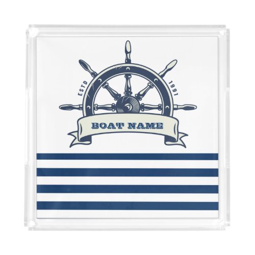 Nautical Boat Wheel Navy Blue White Stripes Acrylic Tray