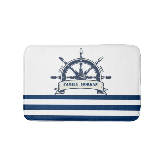 Nautical Boat Wheel, Navy Blue White Stripes Bath Mat (Front)