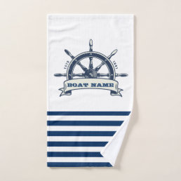 Nautical Boat Wheel, Navy Blue White Stripes Bath Towel Set