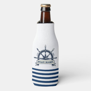 Nautical Boat Wheel, Navy Blue White Stripes Bottle Cooler