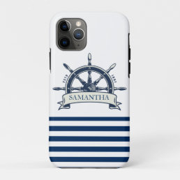 Nautical, Boat Wheel, Navy Blue White Stripes iPhone 11 Pro Case