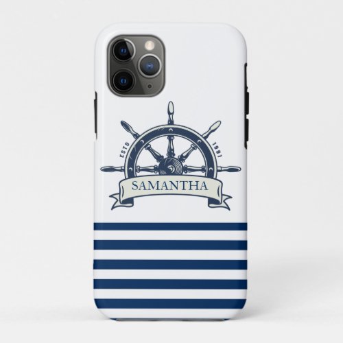 Nautical Boat Wheel Navy Blue White Stripes iPhone 11 Pro Case