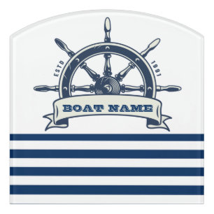 Nautical Boat Wheel, Navy Blue White Stripes Door Sign