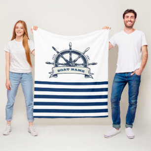 Nautical, Boat Wheel, Navy Blue White Stripes Fleece Blanket