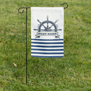 Nautical, Boat Wheel, Navy Blue White Stripes Garden Flag