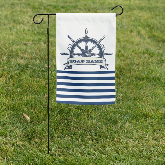 Nautical, Boat Wheel, Navy Blue White Stripes Garden Flag (In SItu)
