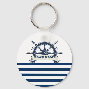 Nautical Boat Wheel, Navy Blue White Stripes  Keychain