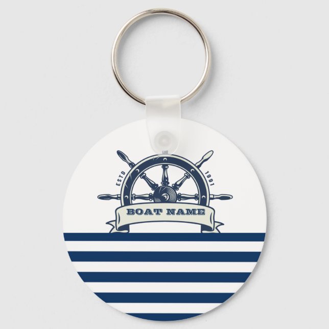 Nautical Boat Wheel, Navy Blue White Stripes  Keychain (Front)
