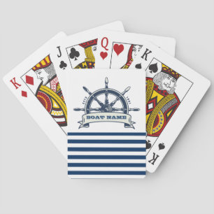 Nautical Boat Wheel, Navy Blue White Stripes Poker Cards