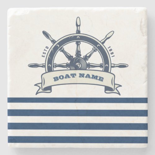 Nautical Boat Wheel Navy Blue White Stripes Stone Coaster
