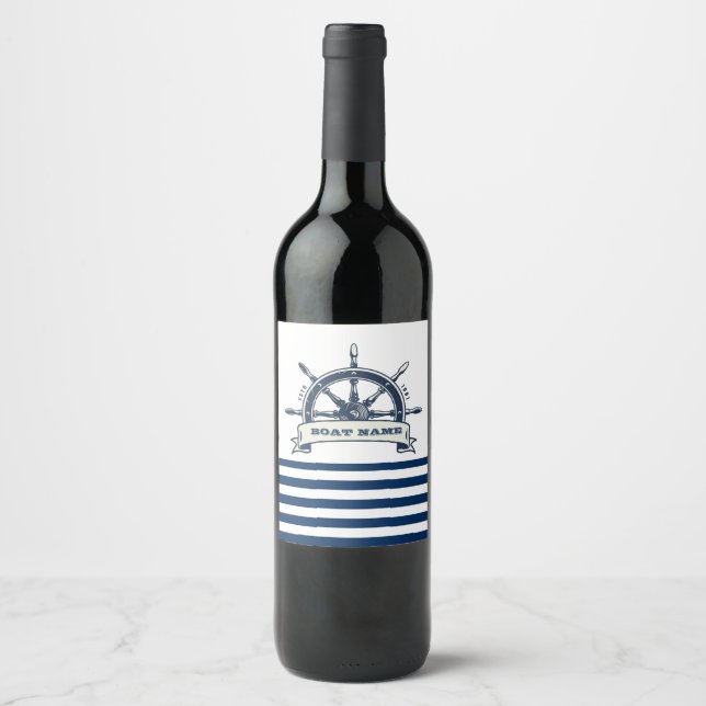 Nautical Boat Wheel, Navy Blue White Stripes Wine Label (Front)
