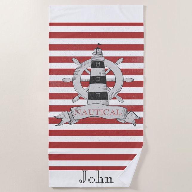 Nautical,Boat Wheel,Red and White Stripes Beach Towel (Front)