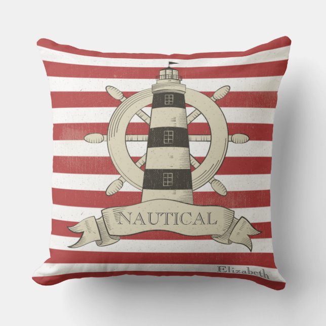 Nautical,Boat Wheel,Red and White Stripes Throw Pillow (Front)