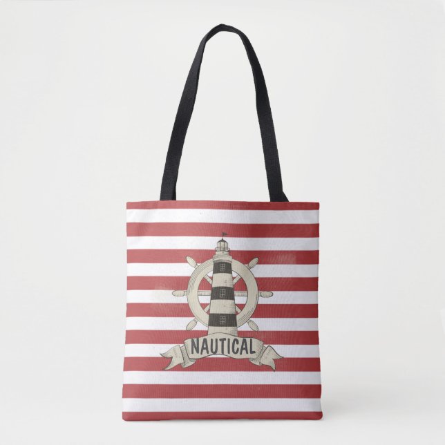 Nautical,Boat Wheel,Red and White Stripes Tote Bag (Front)