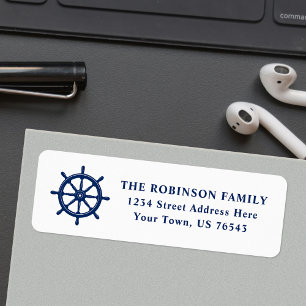 Nautical Boat Wheel Ship Helm Blue White Address Label
