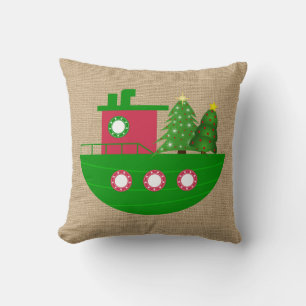 Nautical Boat with Christmas Trees Burlap Throw Pillow