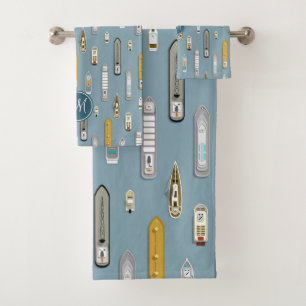 Nautical boats ships On the River blue monogrammed Bath Towel Set