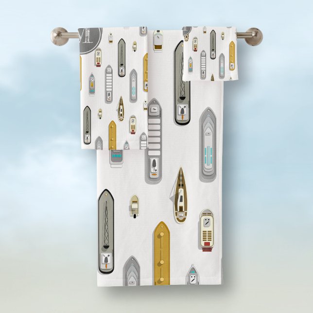 Nautical boats ships On the River white w monogram Bath Towel Set (Creator Uploaded)